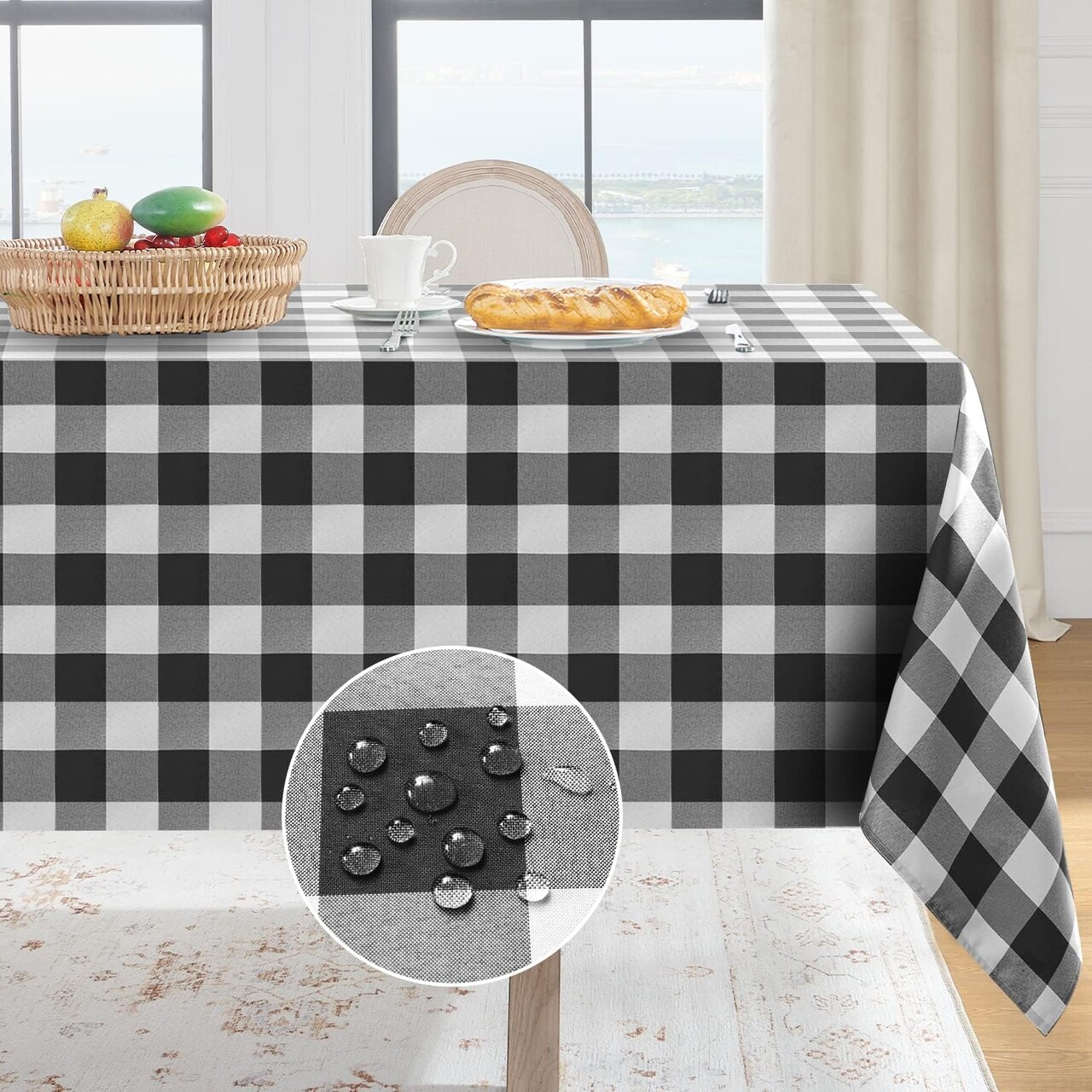 Gingham Checkered Rectangle Tablecloth - Waterproof Buffalo Plaid Table Cloth Stain Resistant Washable Table Cover for Picnic/Camping/Outdoor - Black and White, 60 x 84 Inch